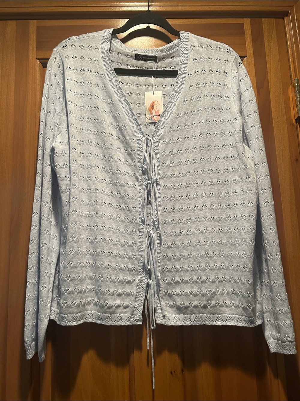 PrettyGarden Cotton Light Blue Tie-Front Knit Cardigan for Women